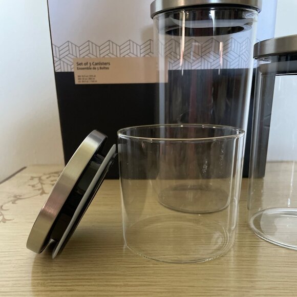 Short Stories Set of 3 Glass Canisters with Stainless Steel Lids Dishwasher Safe - Picture 5 of 11